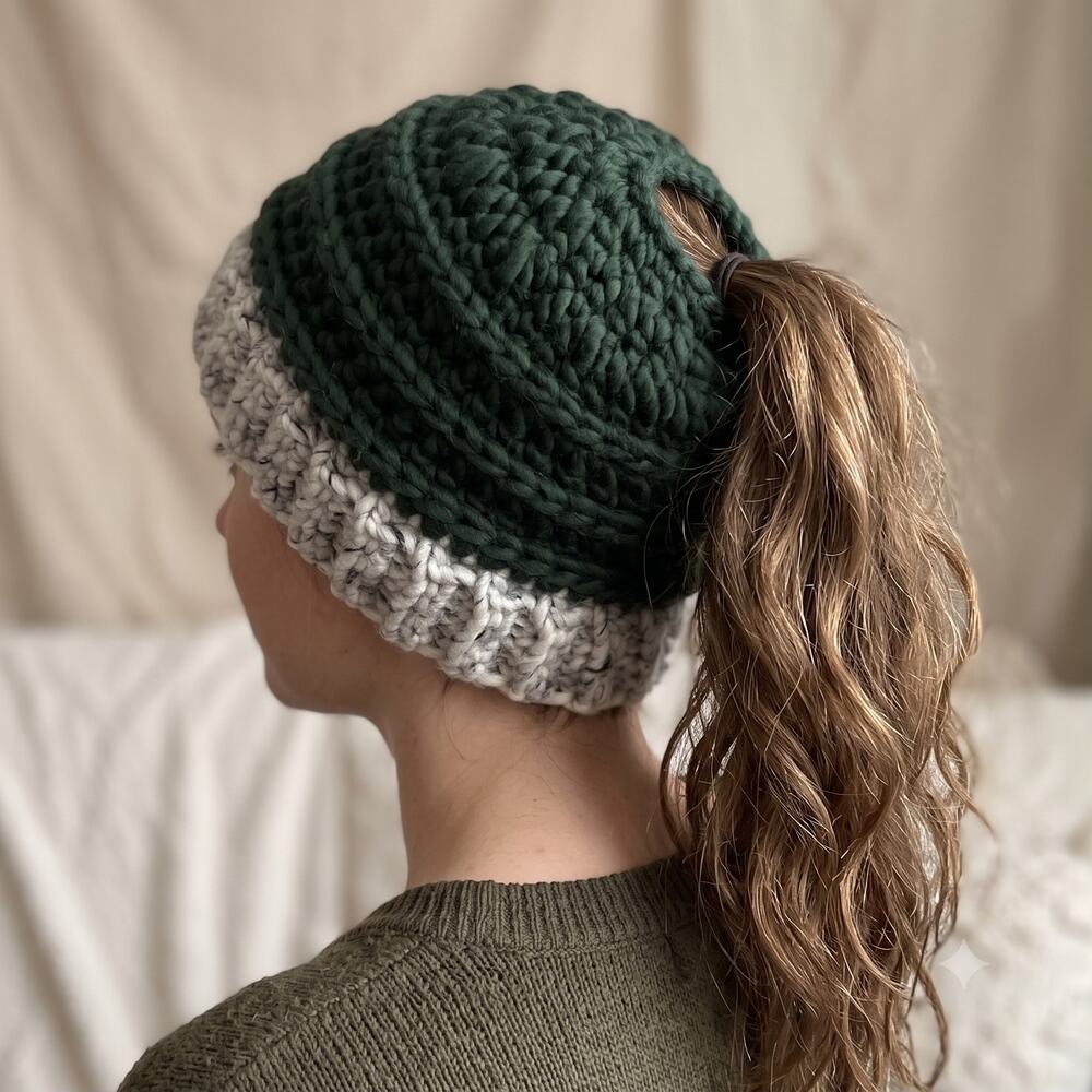Dark Green Light Gray Handmade Crochet Ponytail Hat Messy Bun Beanie